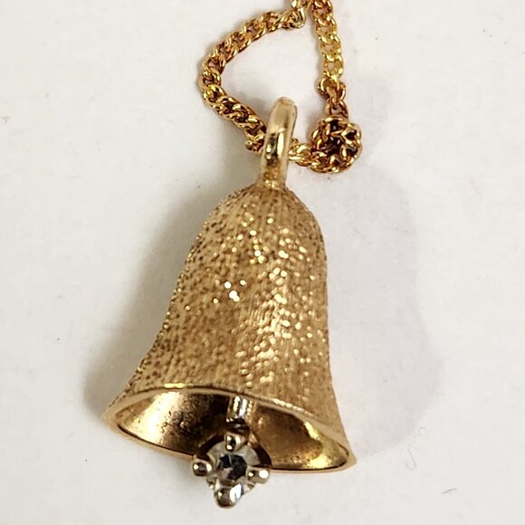 Estate Jewelry - [SOLD] 1980's 14k Textured Gold Moveable Bell w/ Real Diamond Pendant Necklace